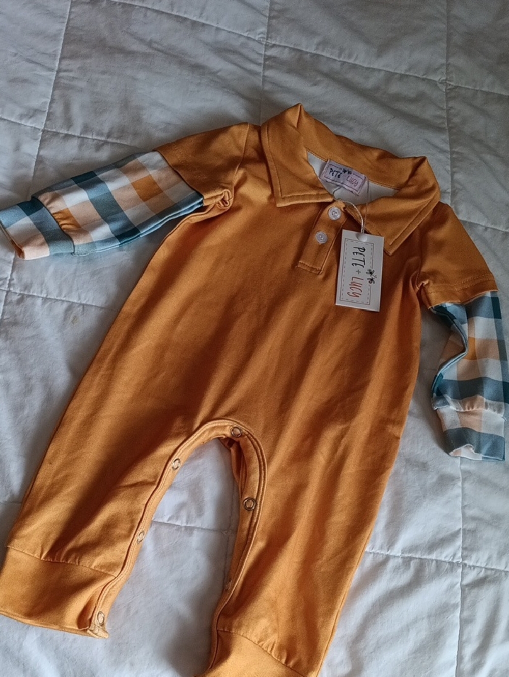 Pete + Lucy Mustard Plaid-Sleeve Baby One-Piece NWT